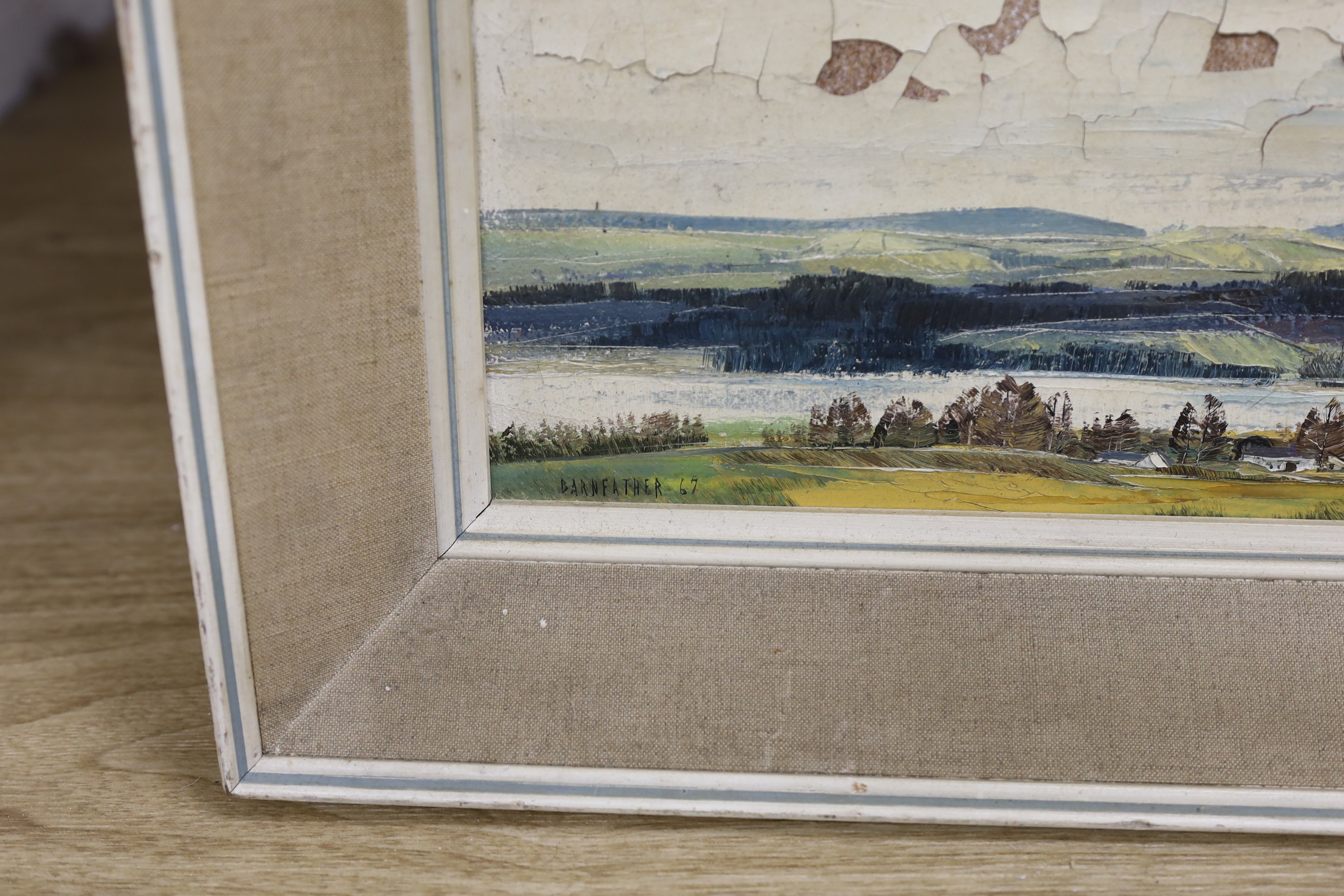 Michael Barnfather (1934-), oil on board, View over the Severn, signed and dated '67, 14 x 60cm, paint flaking